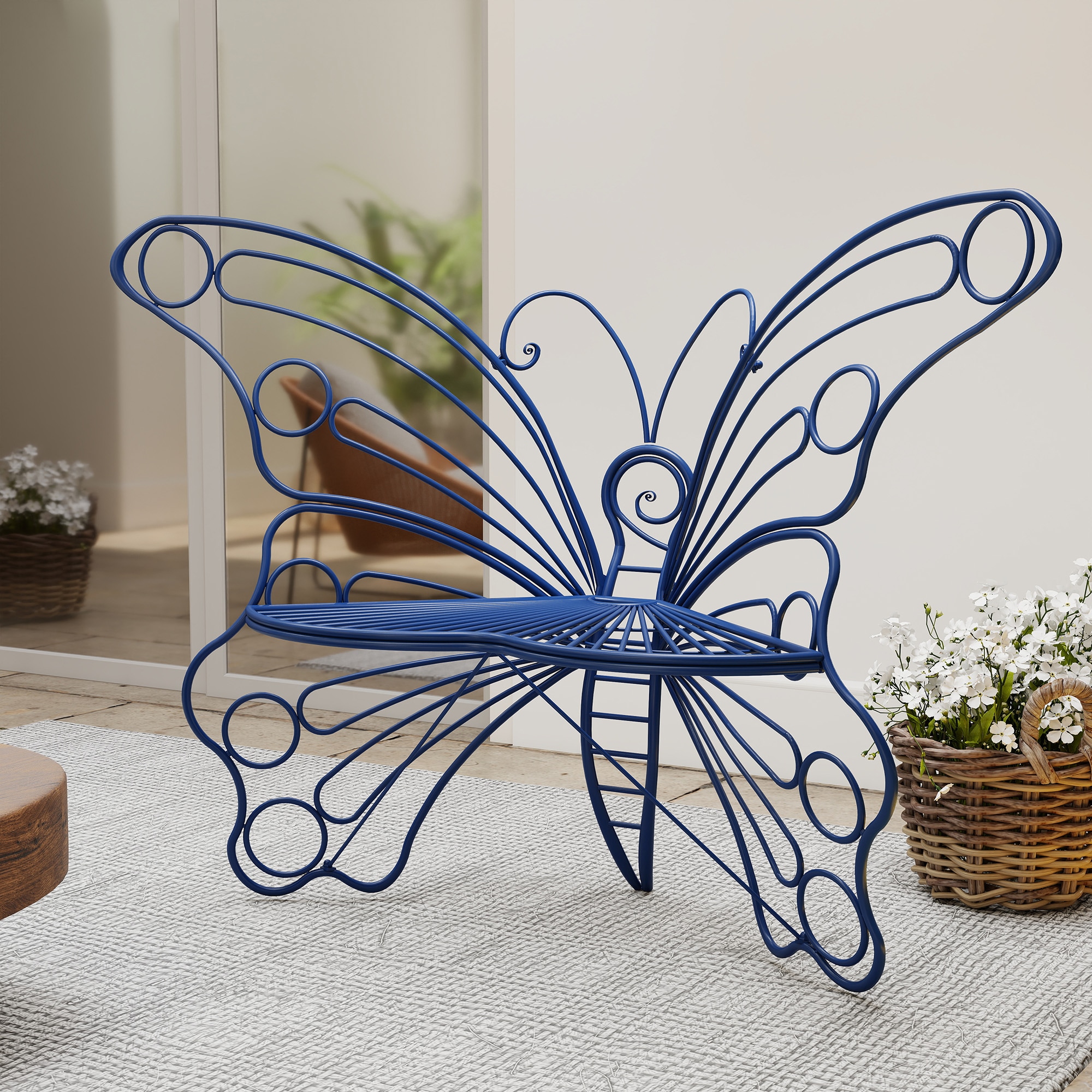 50" Sturdy Iron Butterfly Bench For Outdoor Spaces – Porch, Lawn, Garden & Yard Seating- Navy Blue_maomaolike.com